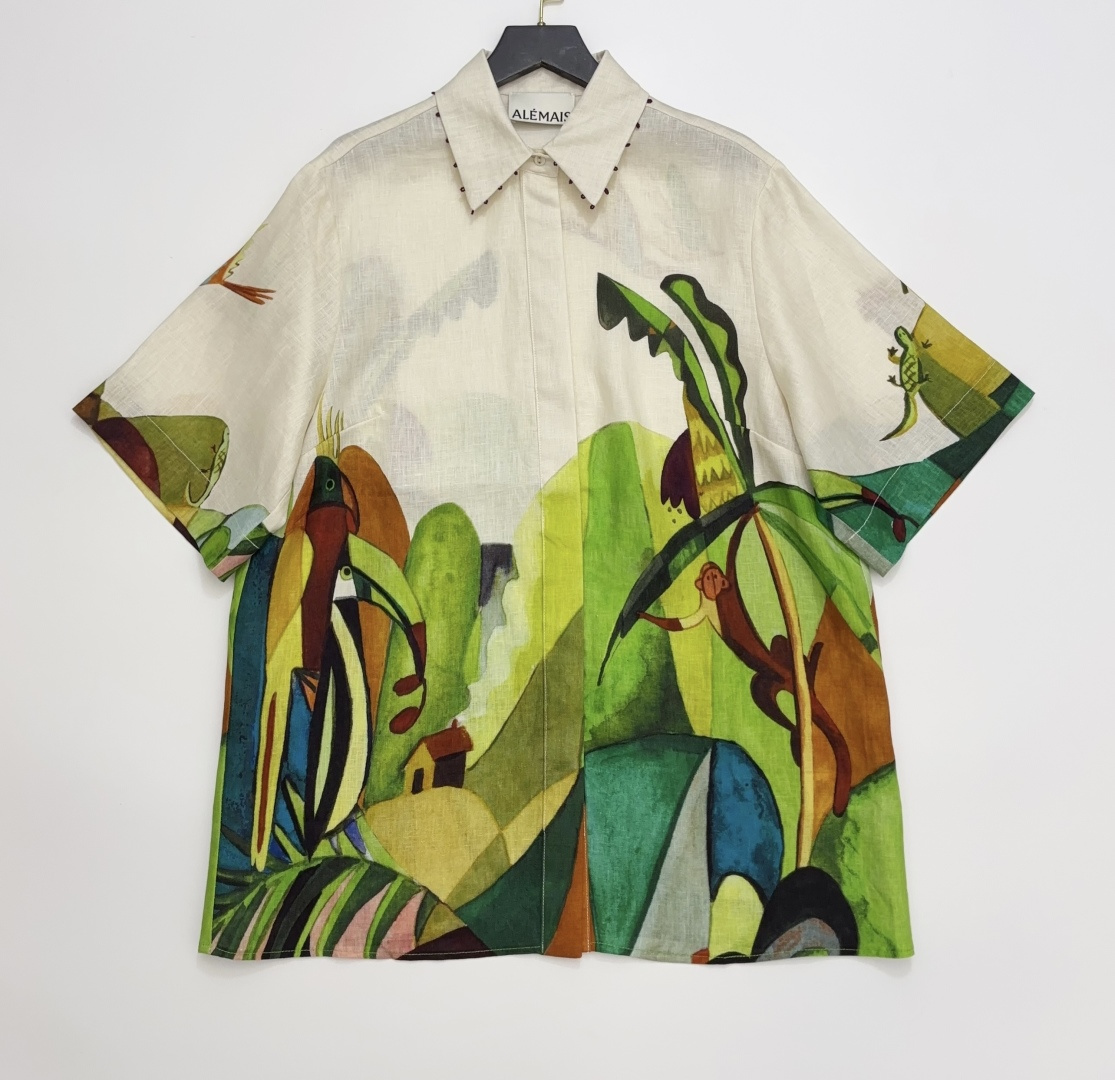 Alémais Vintage Organic Cotton Jungle Print Lapel Loose Short Sleeve Shirt
