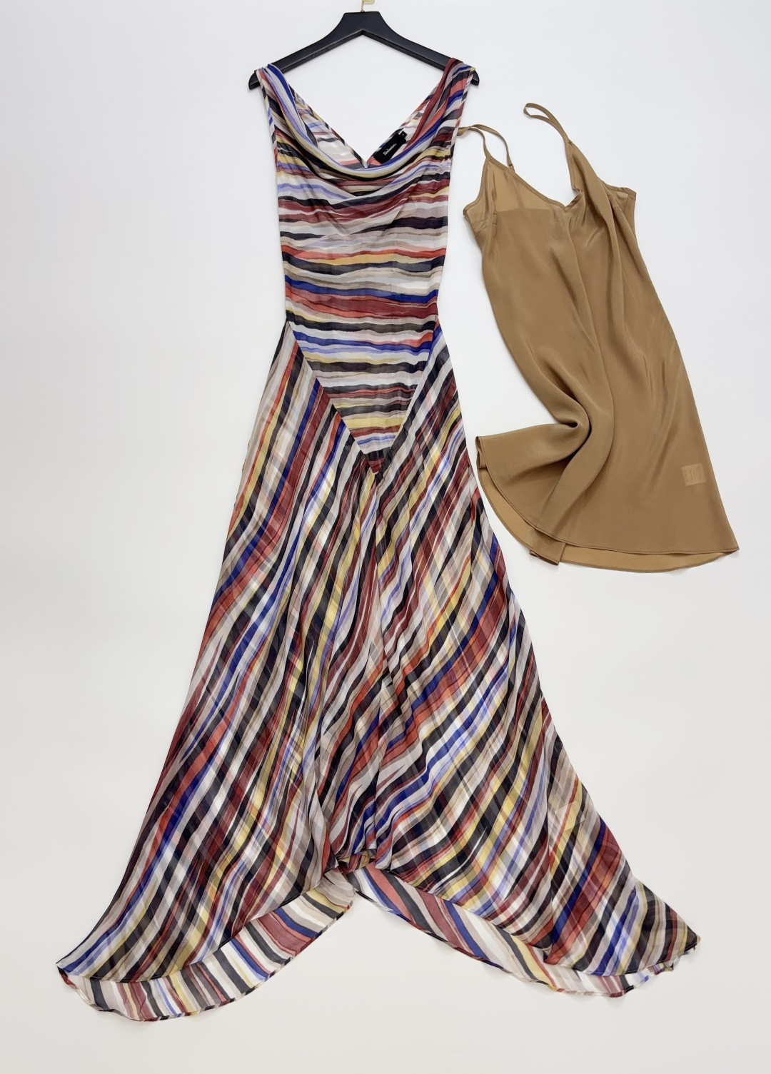 Réalisation Par Rainbow Stripe Vintage Silk Bias Cut Cowl Neck Midi Dress The Cora