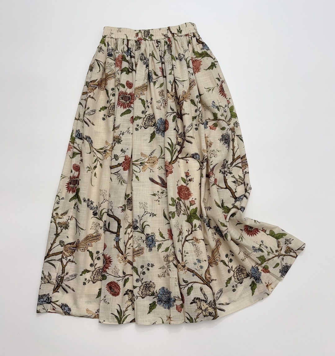 Into The East Floral Bird Tree Elastic Waist Pleated A-Line Skirt