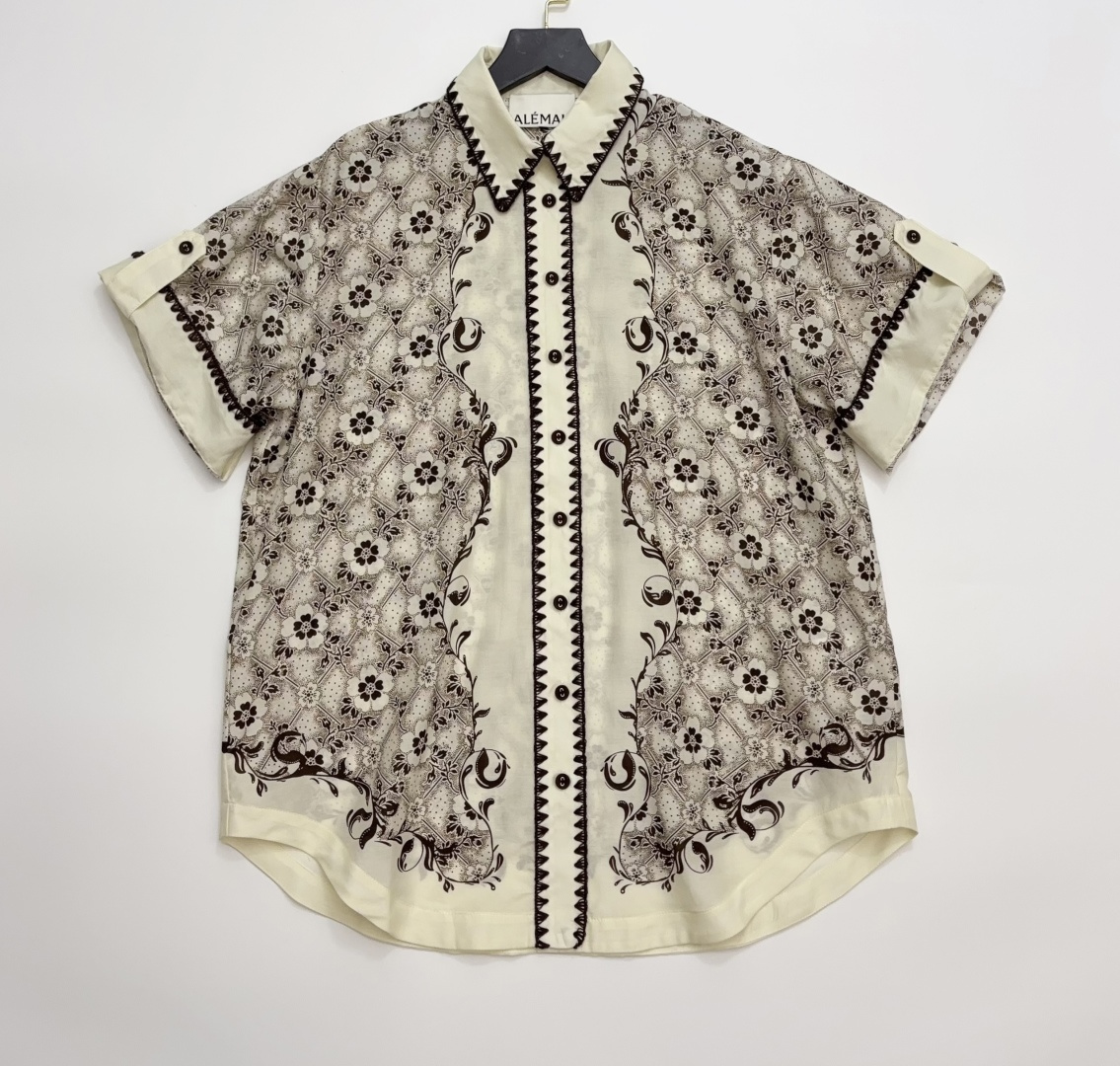 Alémais Shell Embroidery Relaxed Fit Printed Silk Cotton Short Sleeve Shirt
