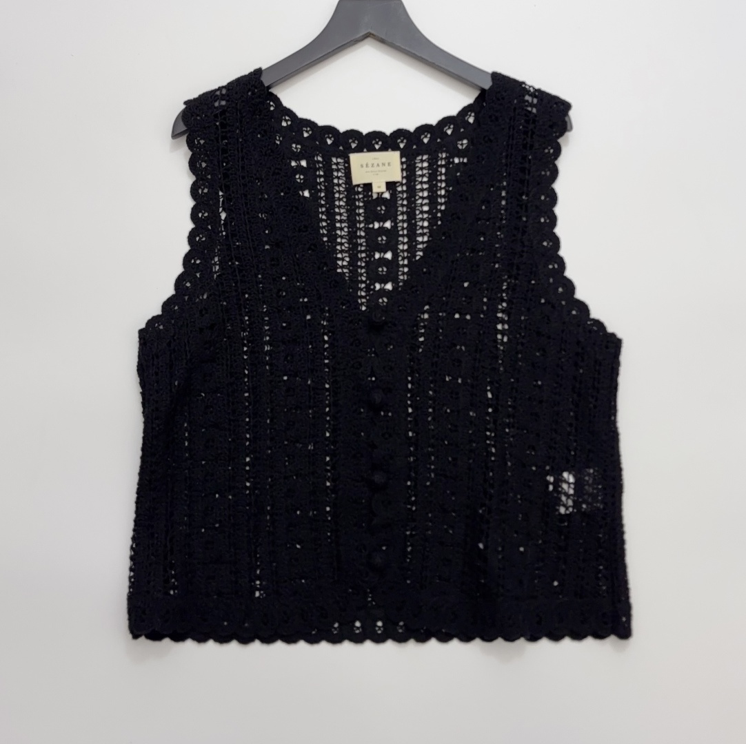 Sézane Crocheted Knit V-Neck Sleeveless Organic Cotton Vest Top