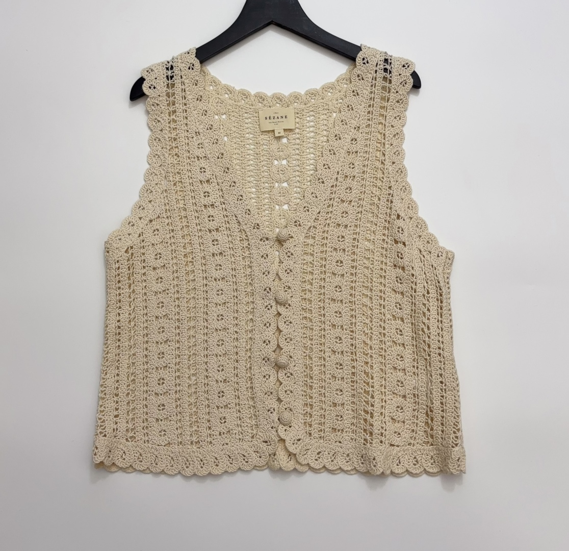 Sézane Crocheted Knit Vest V-Neck Sleeveless Openwork Organic Cotton Casual Top