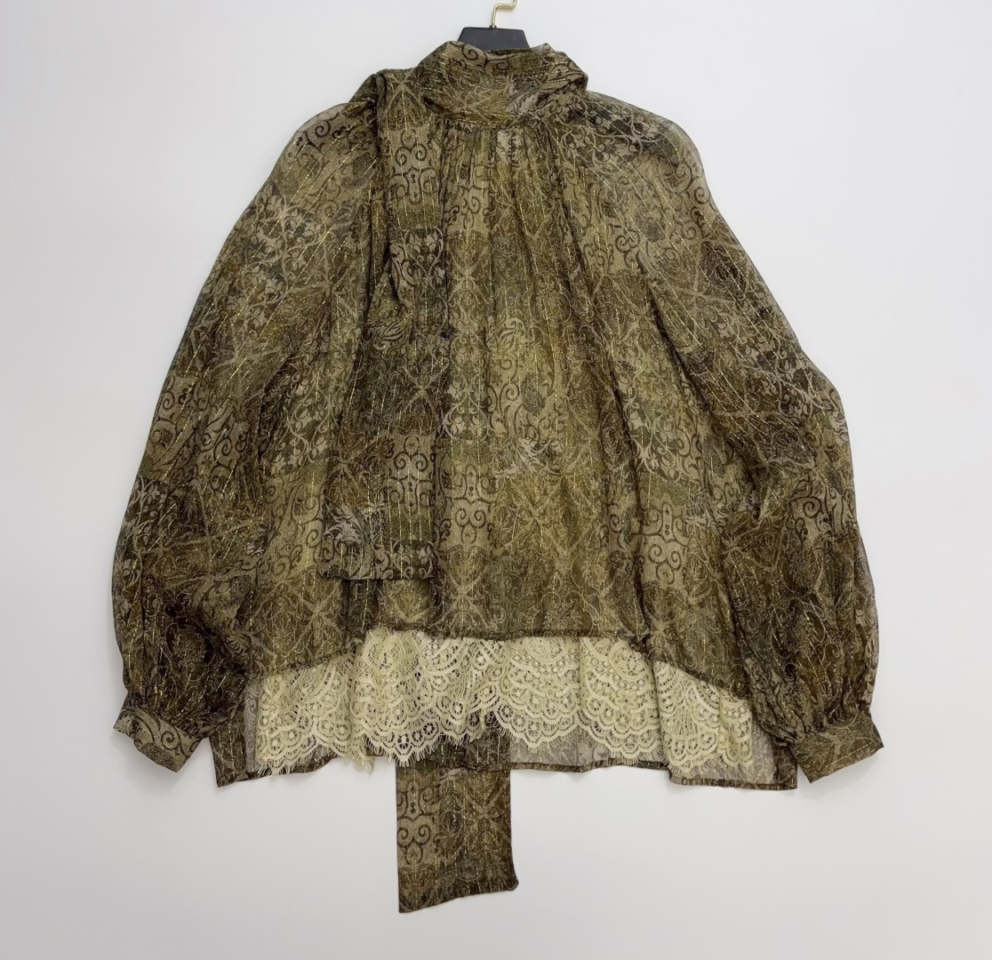 Bohemian Vintage Print Silk Blouse with Tie Collar and Raglan Sleeves