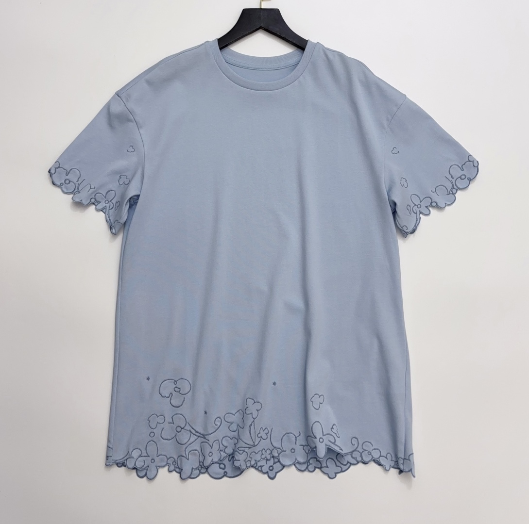 Ports 1961 Irregular Floral Embroidered Stitching Loose Drop Shoulder Short Sleeve Cotton T-Shirt