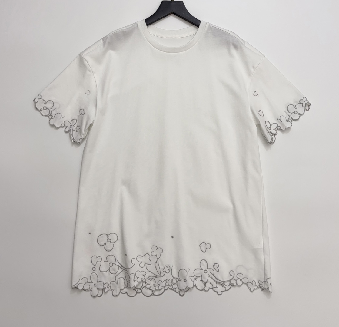 Ports 1961 Ports Irregular Floral Embroidered Stitch Loose Drop-Shoulder Short Sleeve Cotton T-Shirt