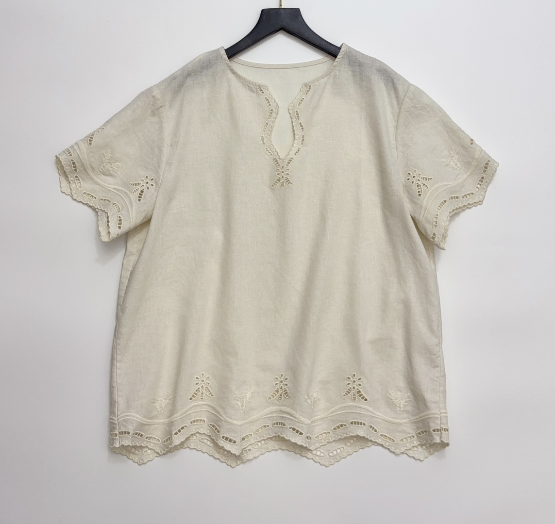 LoveShackFancy Vintage Heavy Lace Embroidered V-Neck Blouse