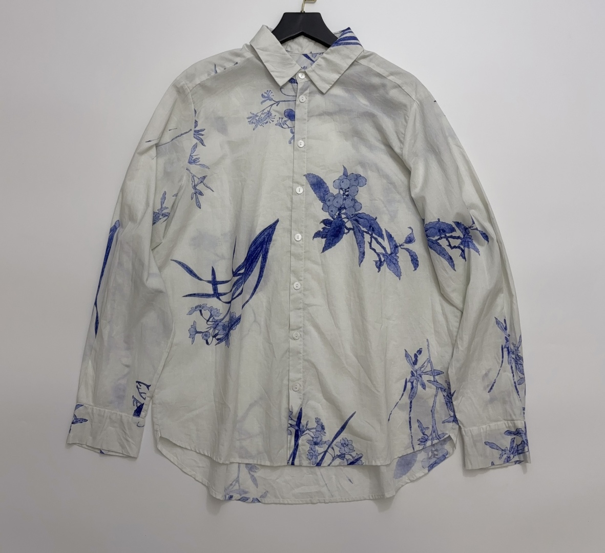 Artistic Ink Wash Texture Cotton Blue and White Porcelain Loose Shirt