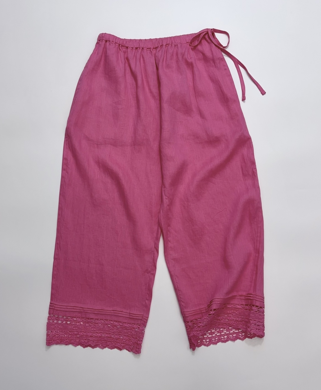 Japanese Style R-Letter Carved Openwork Lace Embroidered Linen Wide-Leg Drawstring Cropped Casual Trousers