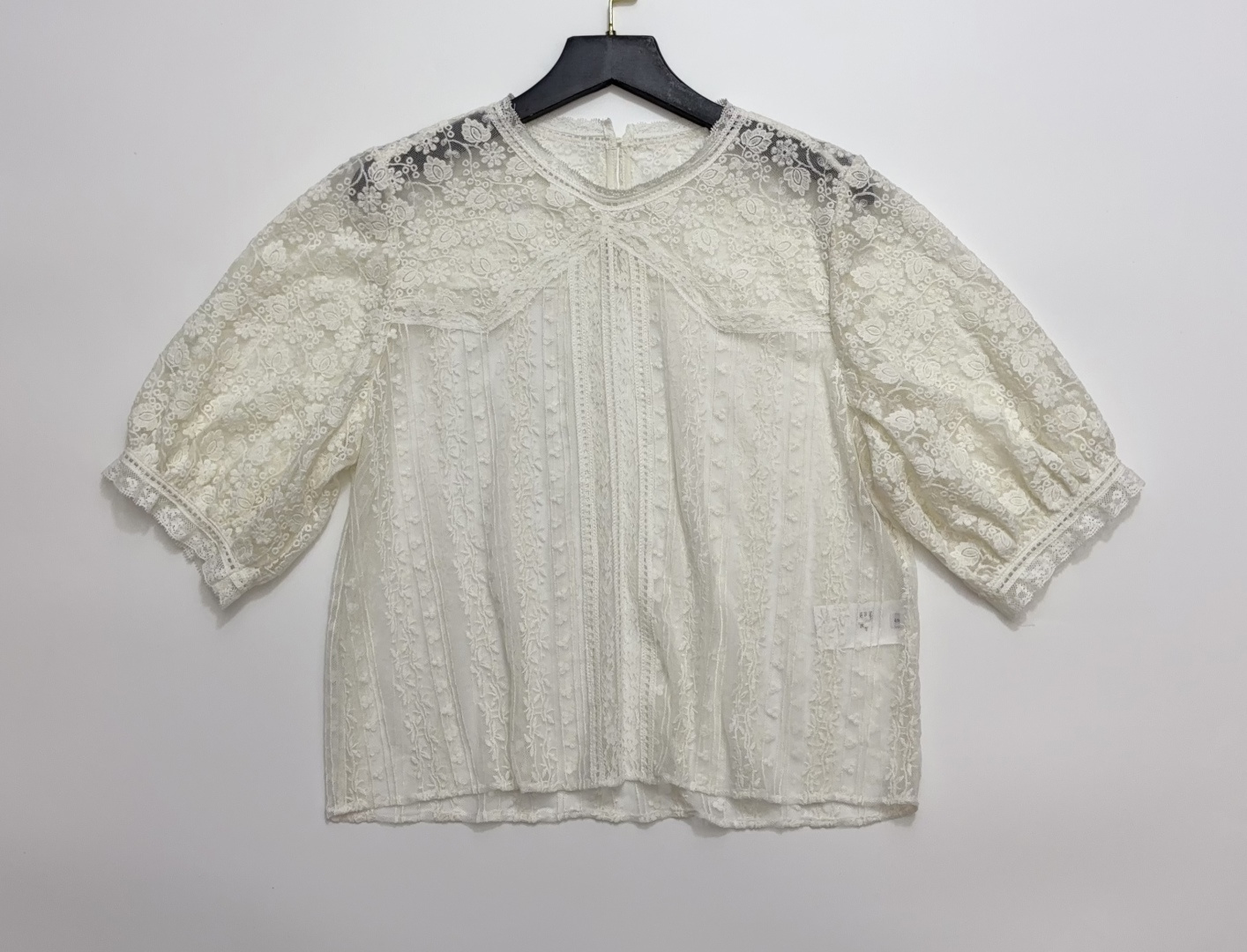 Dôen Idora Semi-Sheer Openwork Floral Embroidered Top with Lace Trim Round Neck Blouse