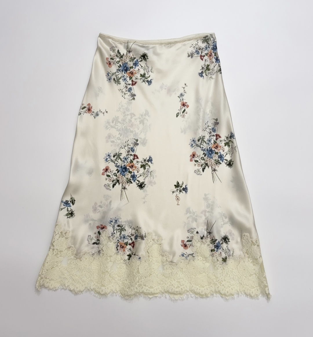 Dôen Elowette Pastoral Floral Silk Skirt with Lace Trim High-Waist Midi Length