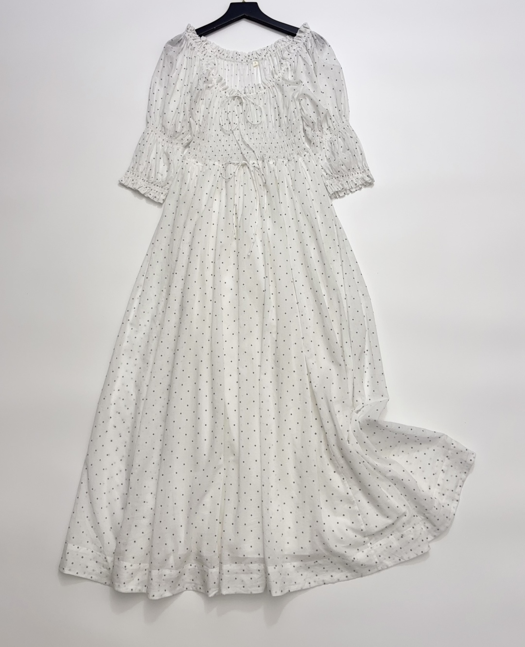 Dôen Summer French Puffy Sleeve Cinch Waist Polka Dot Midi Dress
