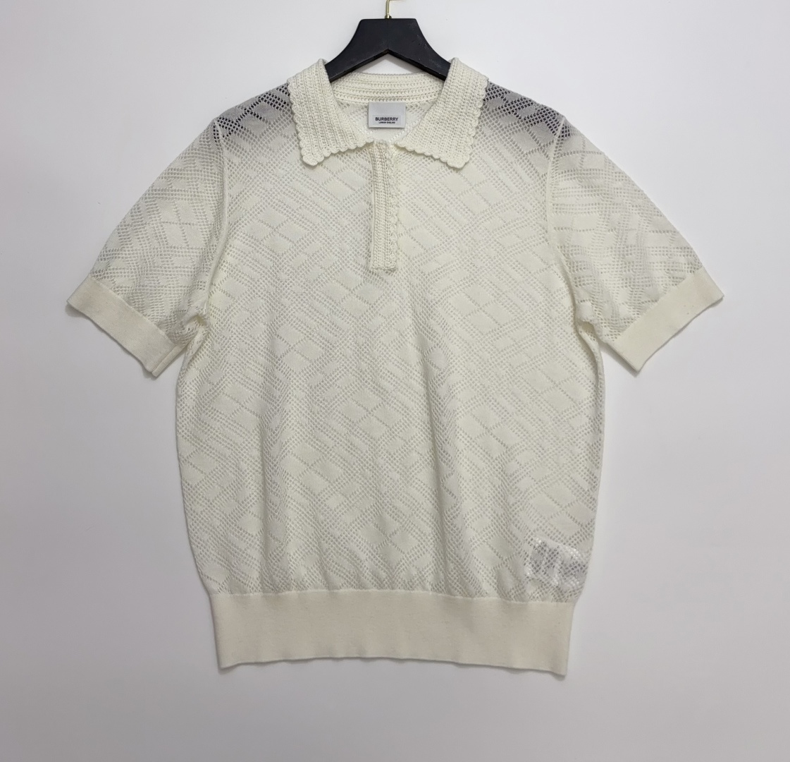Burberry Openwork Knit Polo Short-Sleeve T-Shirt Top