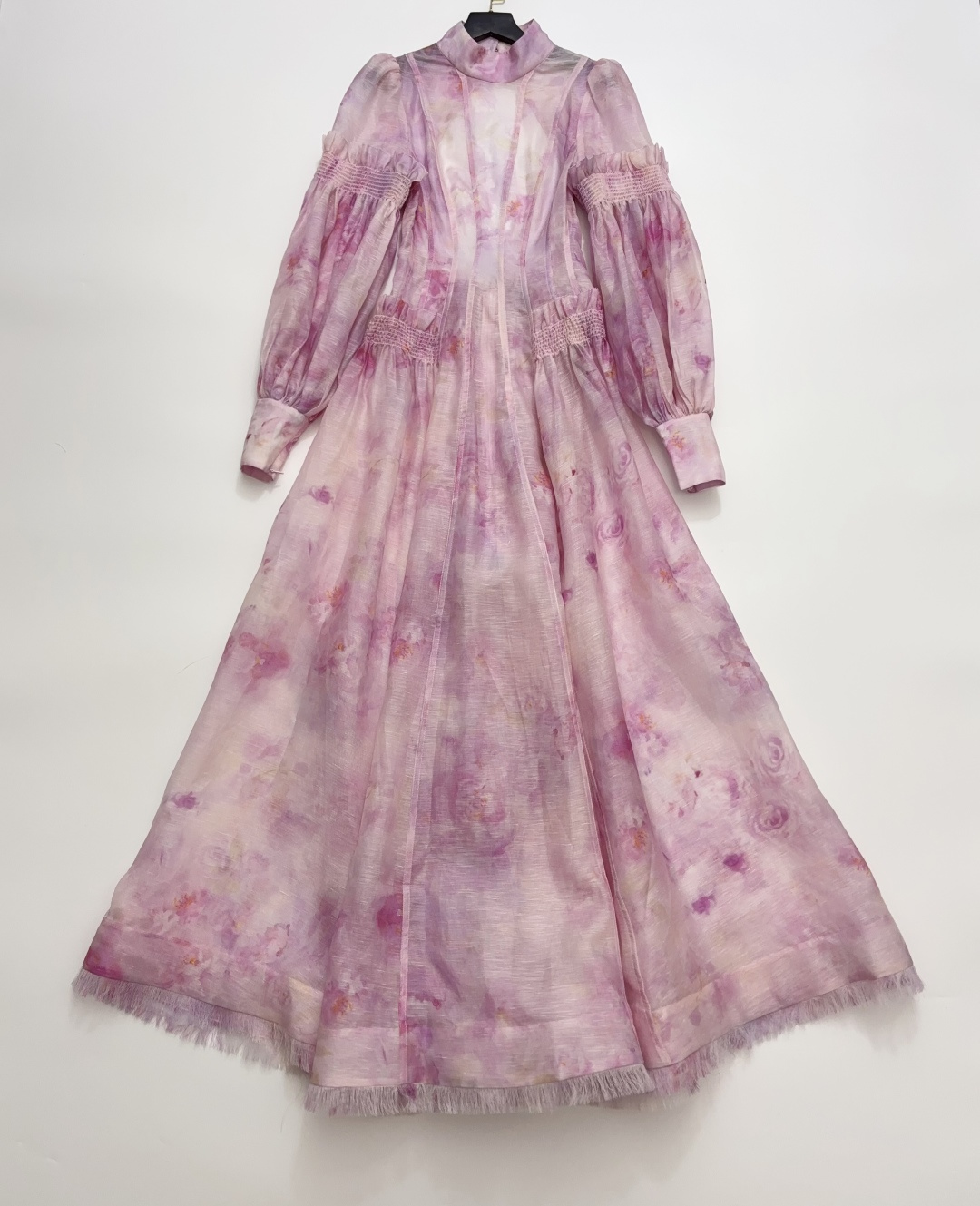 Couture Style Lantern Sleeve Pink Fairy Backless Long Dress with Cinch Waist and Stand Collar