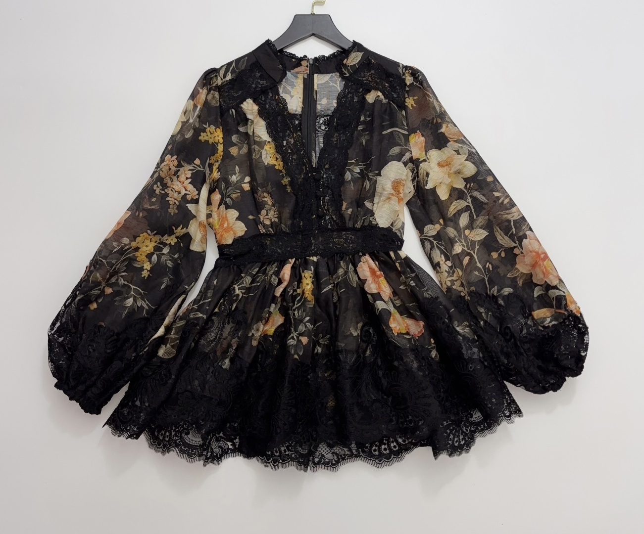 Zimmermann Black Floral Long Sleeve Waist-Cinch Ruffle Shirt