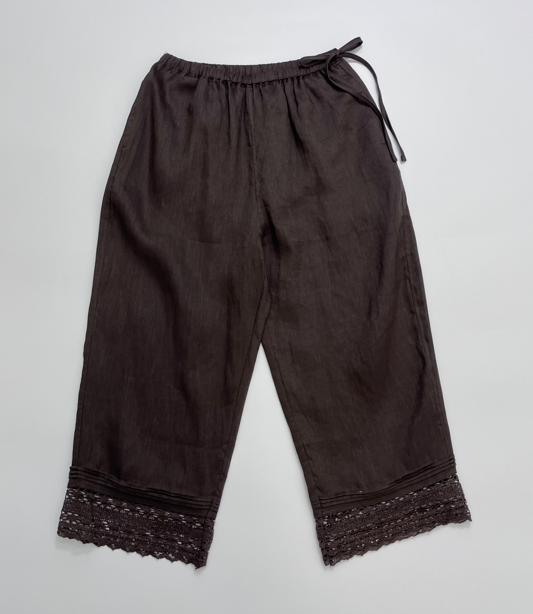 45R Japanese Style R Cut-Out Lace Embroidered Linen Wide-Leg Drawstring Cropped Casual Pants
