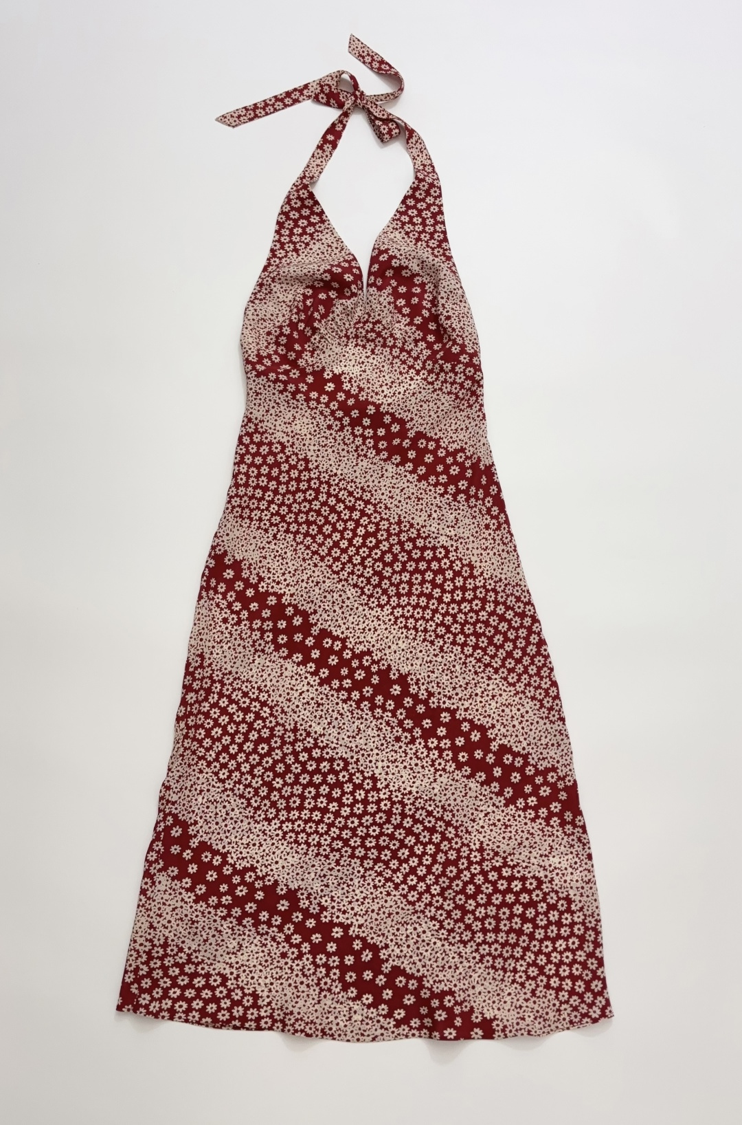 Réalisation Par Red Floral Silk Bias-Cut Halter Backless Midi Dress