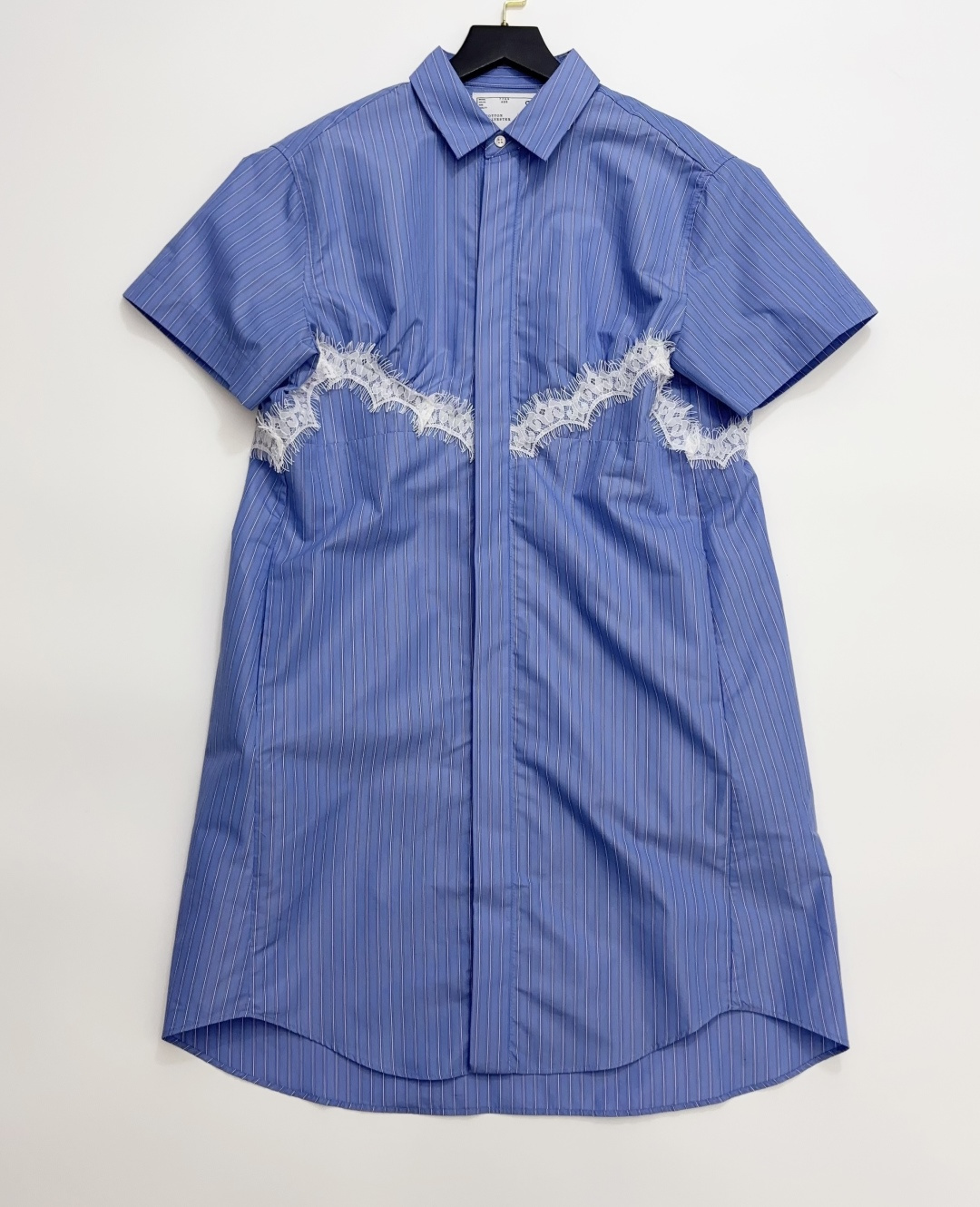 sacai Pleated Lace Patchwork Vertical Stripe Short Sleeve Shirt Dress