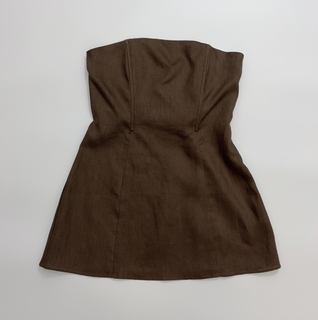 Reformation Linen Solid Color Pleated Hem Strapless Top with Cinched Waist
