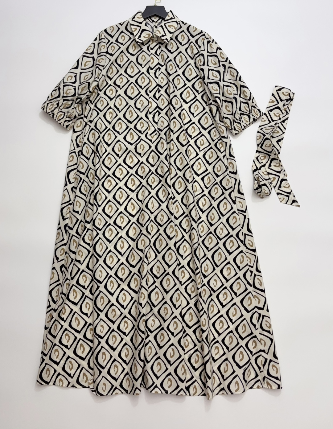 Max Mara Vintage Geometric Print Belted Cotton Poplin Five-Quarter Sleeve Shirt Dress