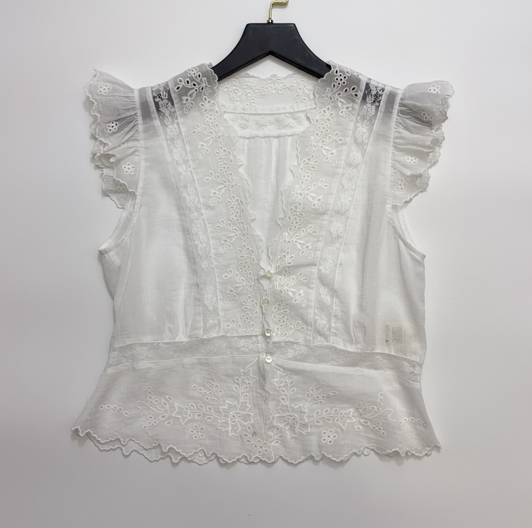 Free People Ruffled Embroidered Hollow-Out Sleeveless Cotton Vest