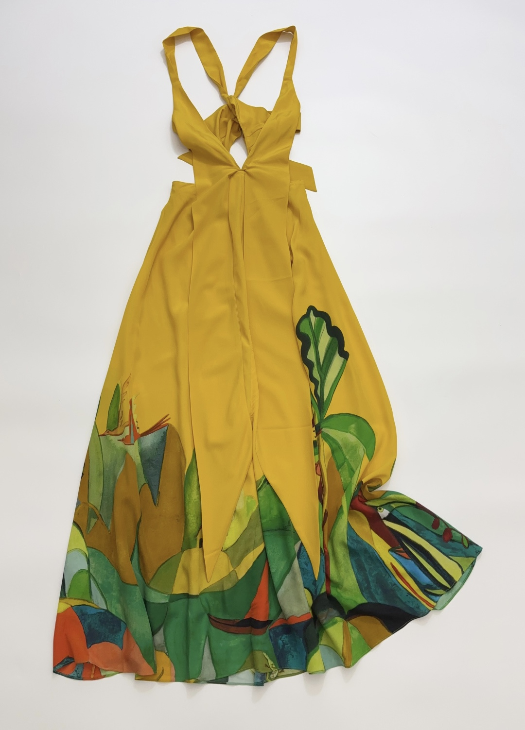 Alémais Elegant V-Neck Backless High-Waist Long Dress with Mockingbird Oil Painting Print