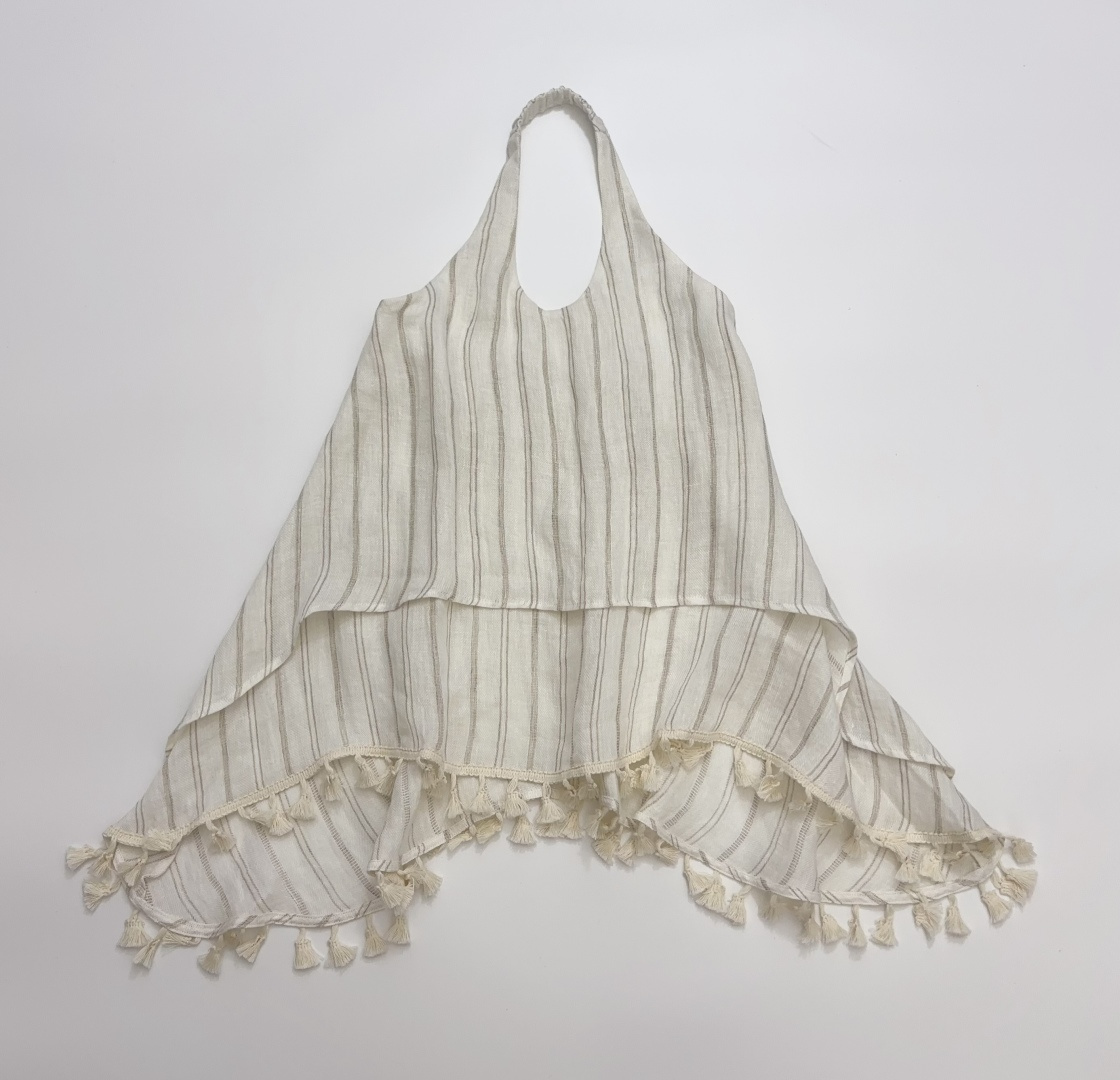 II Sense Linen Stripe Layered Halterneck Backless Tassel Sleeveless Top