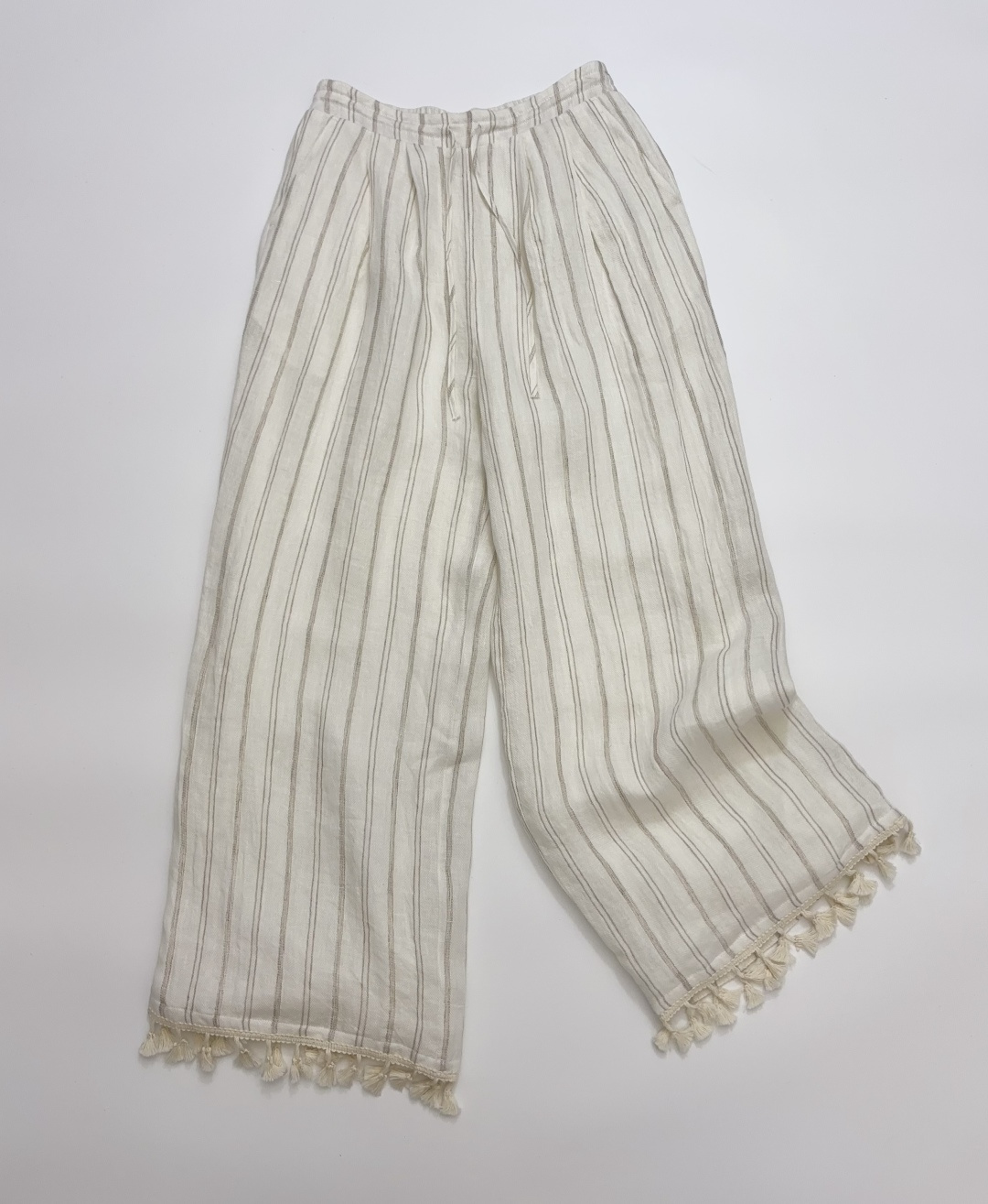 II Sense Linen Stripe Tassel Elastic Waist Casual Trousers