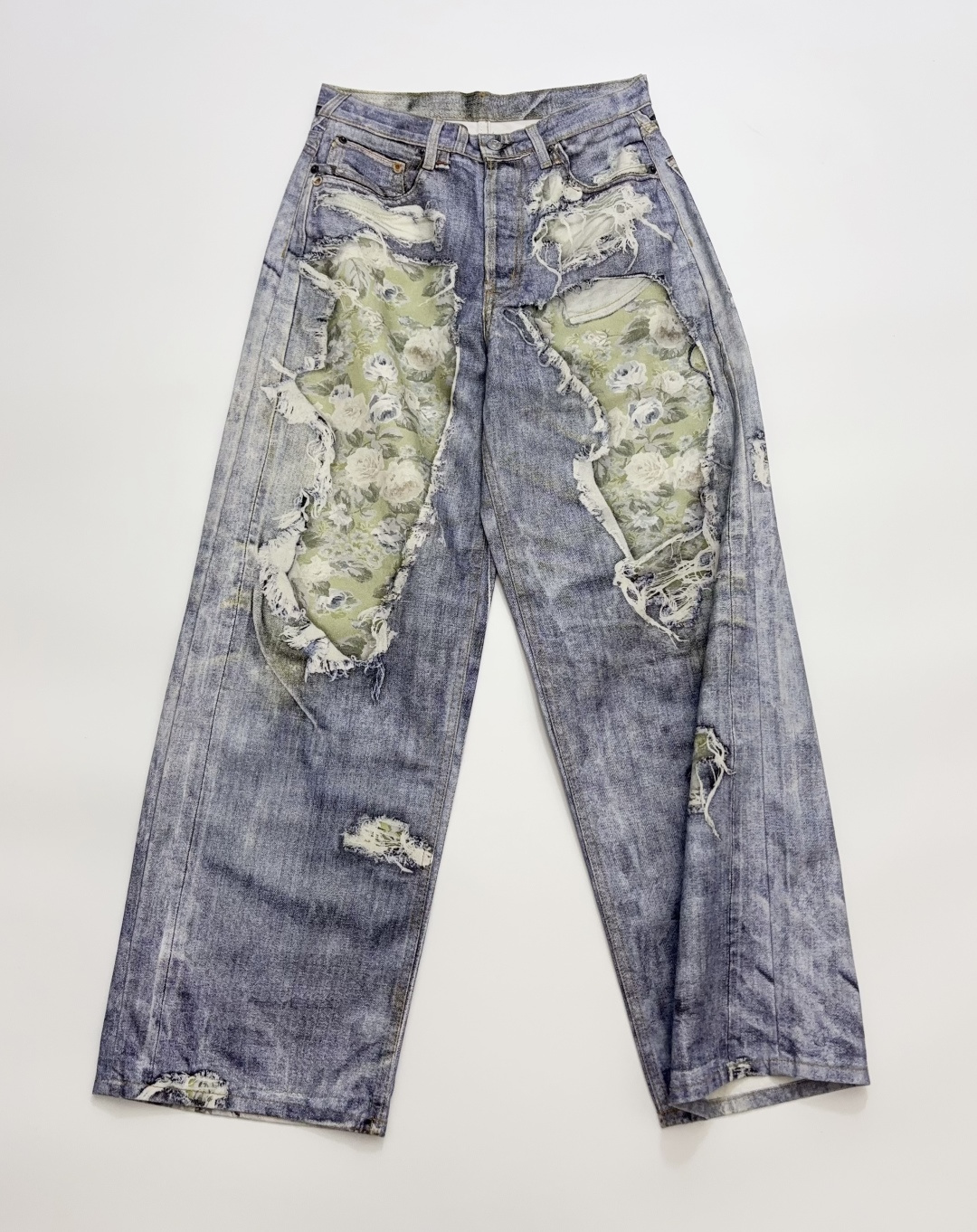 Acne Studios Printed Rose Oil Painting Distressed Wide-Leg Straight Denim Trousers
