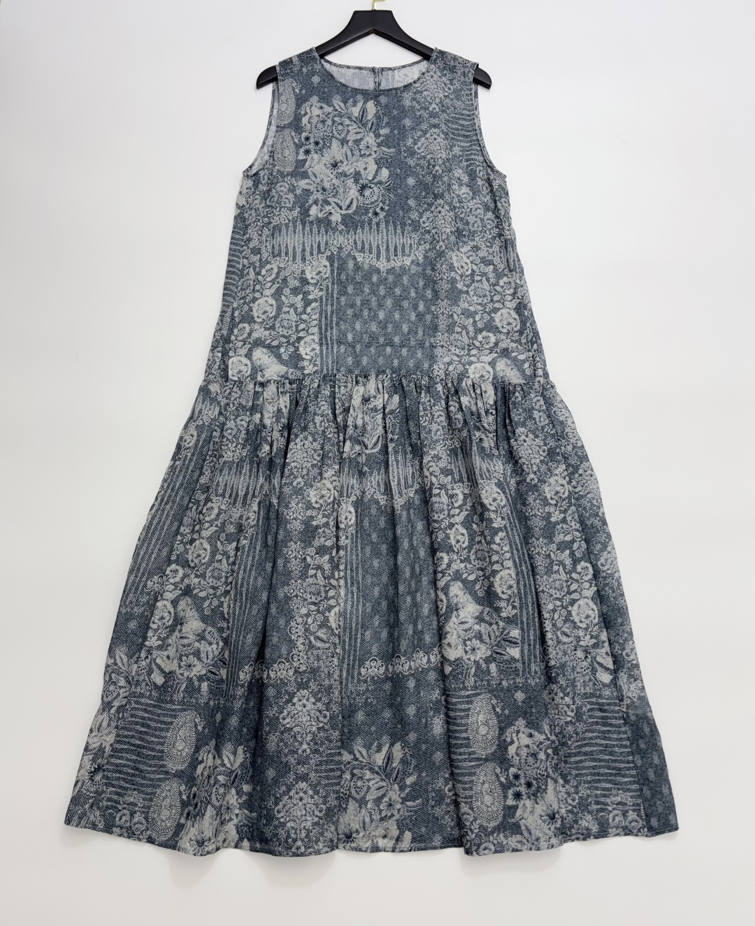 Vintage Indigo Print Pleated Patchwork Round Neck Dress with Camisole Liner Two-Piece Set