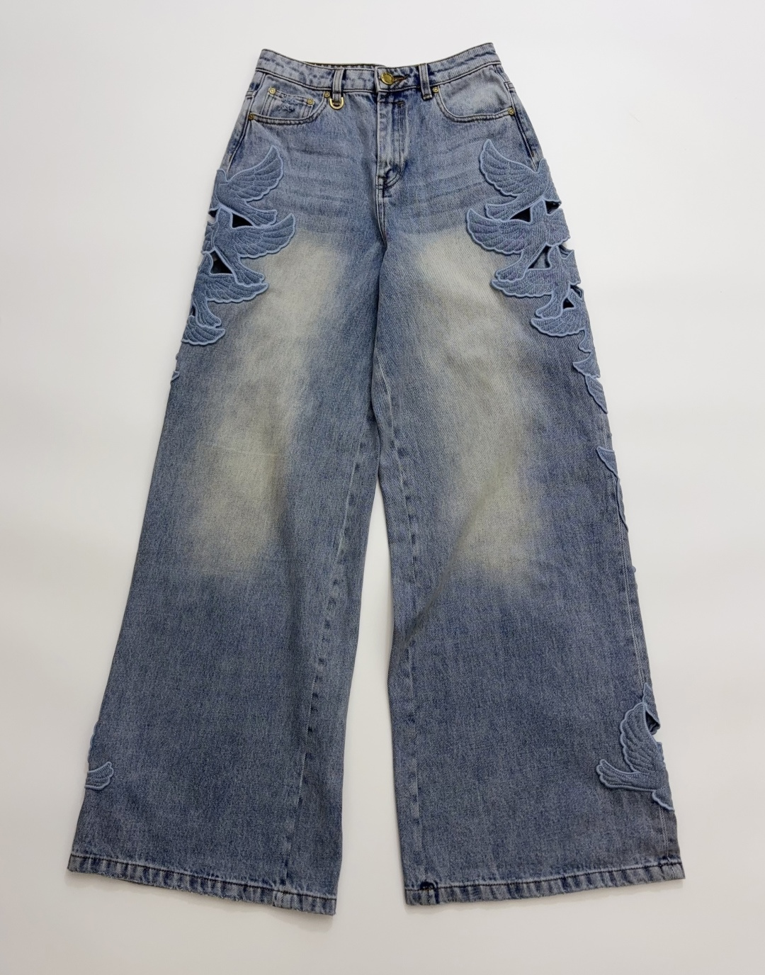 Zim Flying Bird 3D Carved Embroidered High Waist Flare Wide-Leg Jeans
