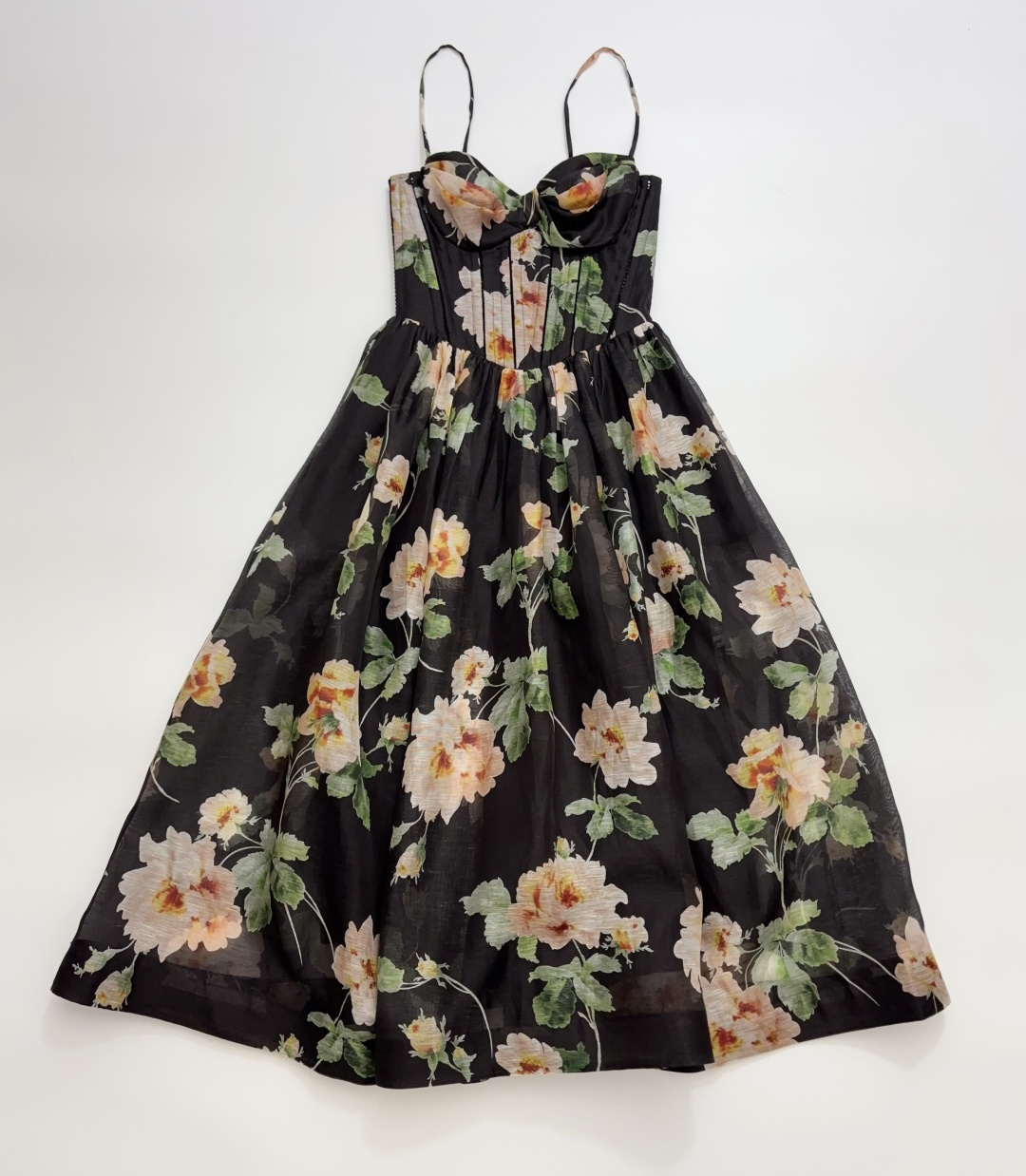 Zimmermann Golden Label Black Rose Floral Boned High-Waist Strappy Tiered Maxi Dress