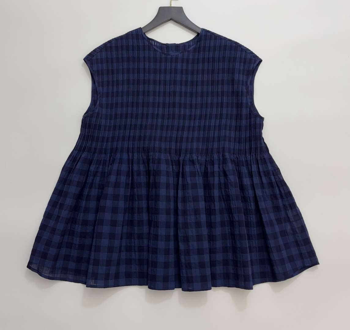 Japanese Unlabeled Navy Plaid Loose Sleeveless Babydoll Top