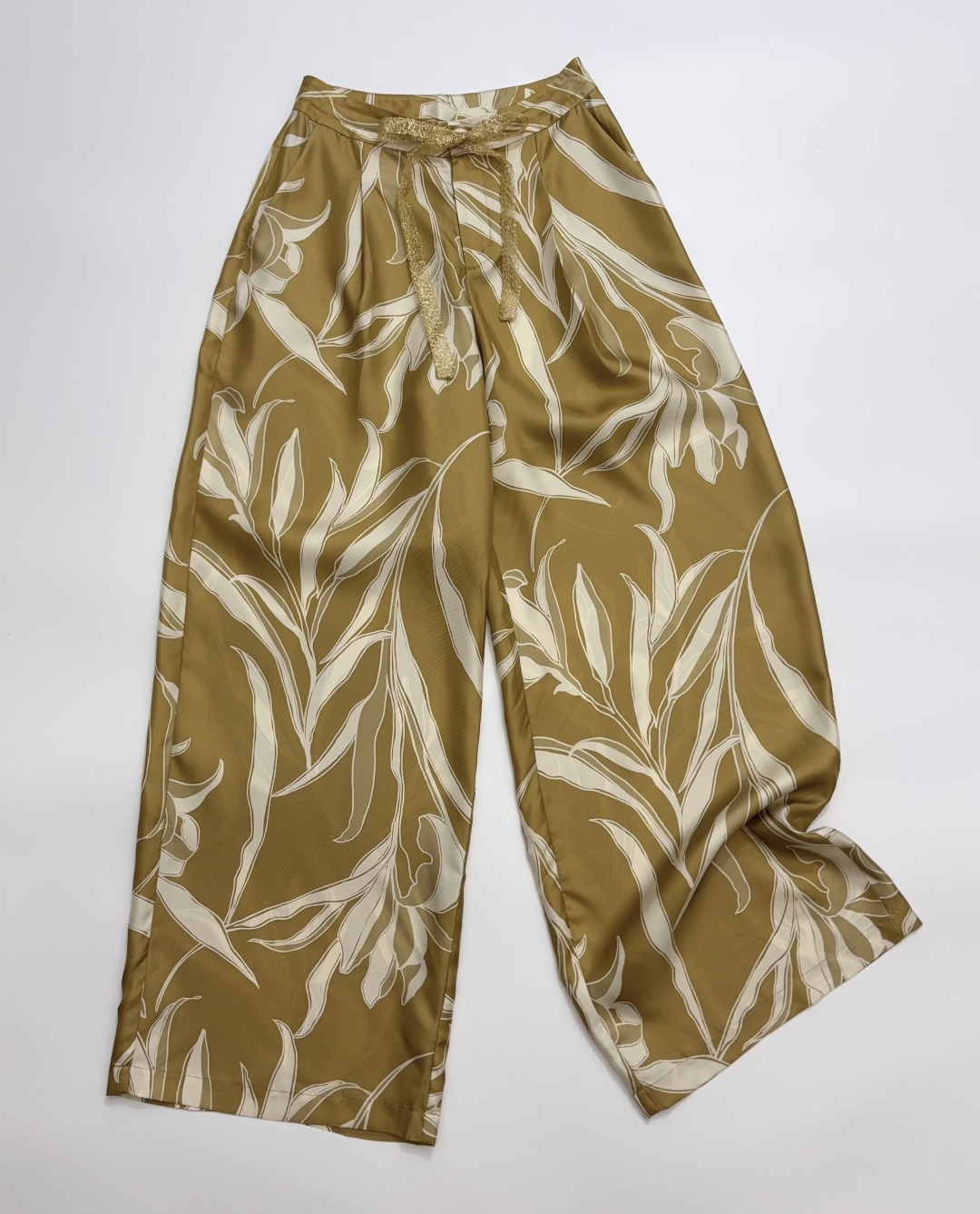 Luxurious Gold Thread Drawstring Silk Wide-Leg Pants