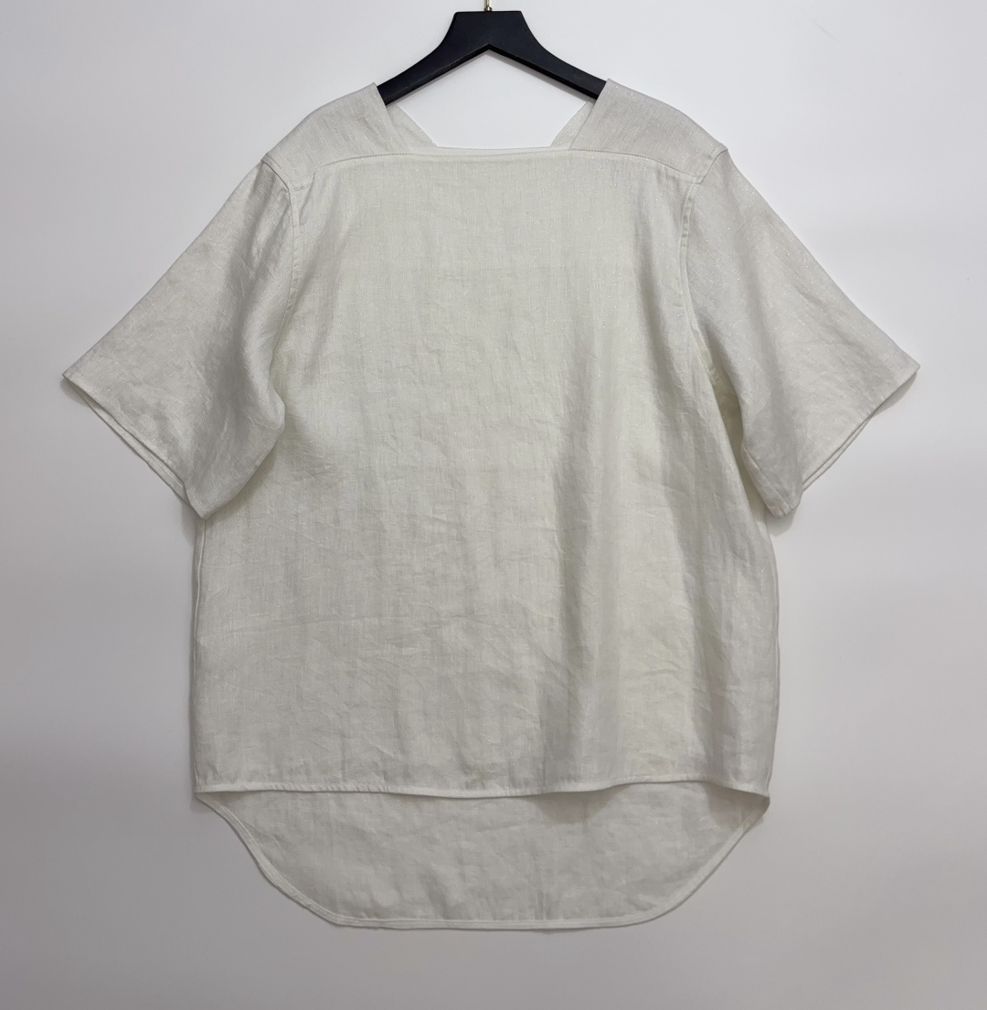 LP Square Neck Arc Hem Mid-Sleeve Loose Casual Linen Blouse