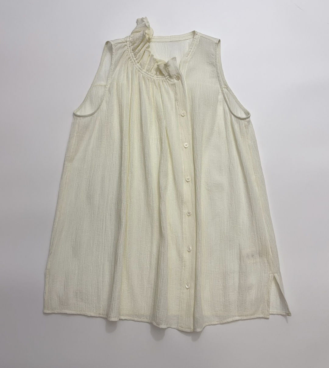 IS Asymmetrical Ruffle Relaxed Fit Cotton Sleeveless Sheer Textured Stand-Up Collar Blouse