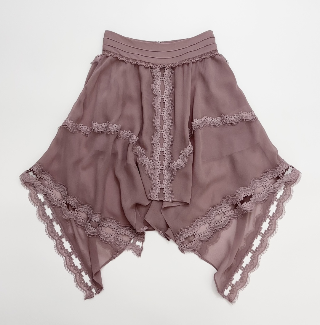 Lace Trim Irregular High-Waist Flowy Silk Skirt