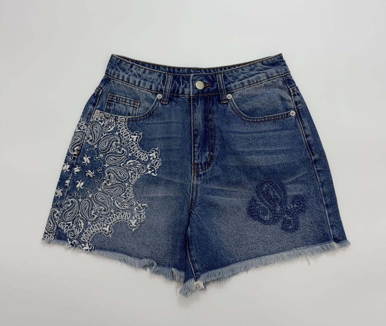 Paisley Embroidered Denim Shorts