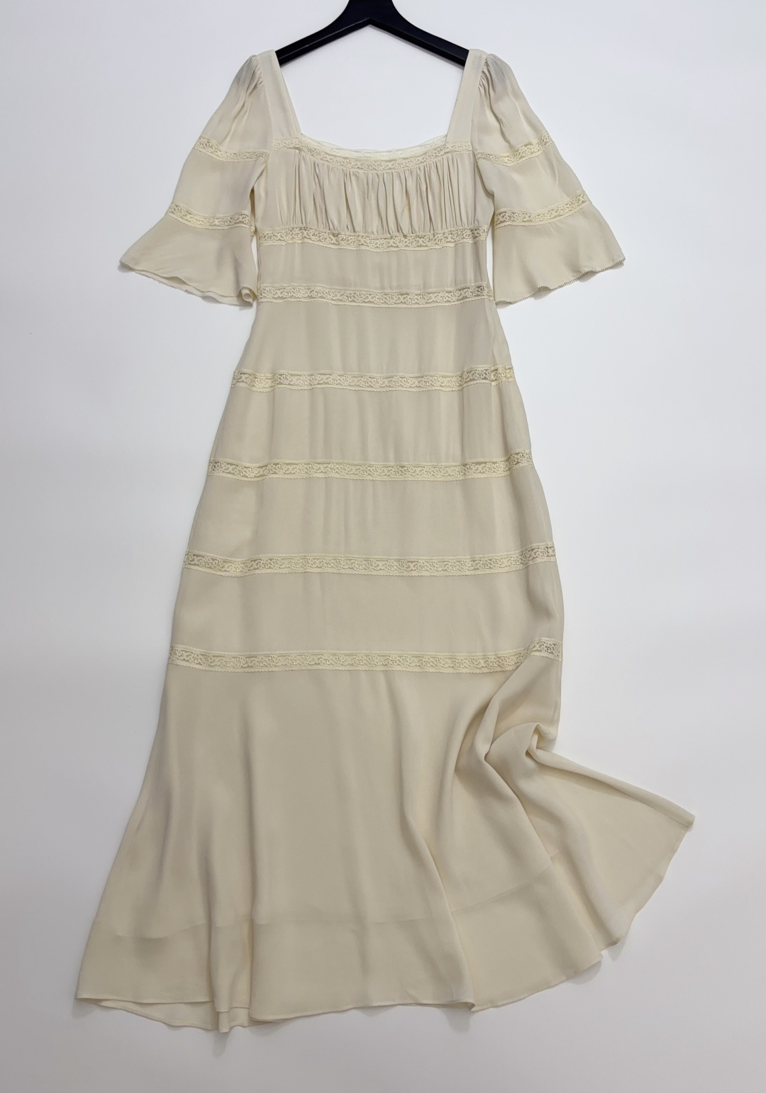 Reformation Hollow-out Lace Vintage Square Neck Ruffle Short Sleeve Long Dress