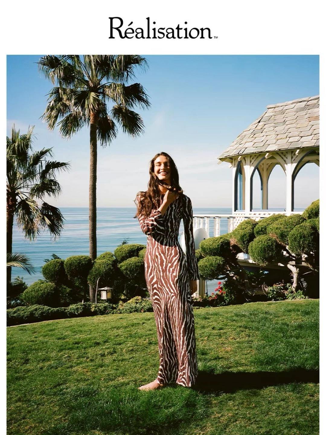 Realisation Par The Gia Zebra Print Silk Boat Neck Maxi Dress