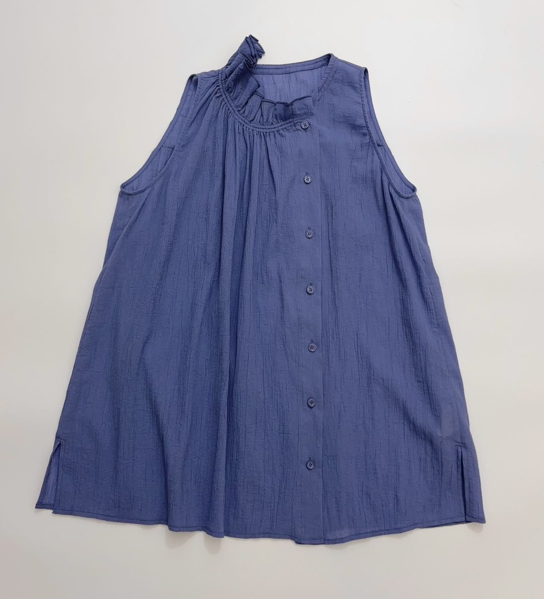 Asymmetrical Lace Relaxed Fit Pure Cotton Sleeveless Top with Subtle Sheer Texture and Ruffle Stand Collar