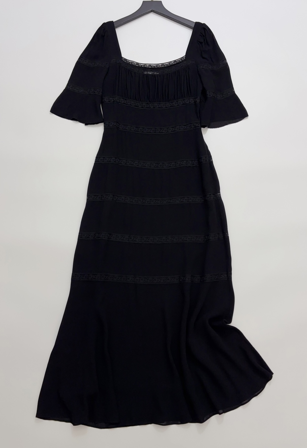 Reformation Hollow-out Lace Vintage Square Neck Ruffle Short Sleeve Long Dress