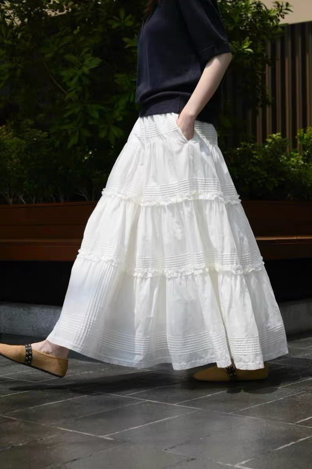 IS Vintage French Cake Skirt High Waist A-Line Midi Elastic Waist Umbrella Skirt