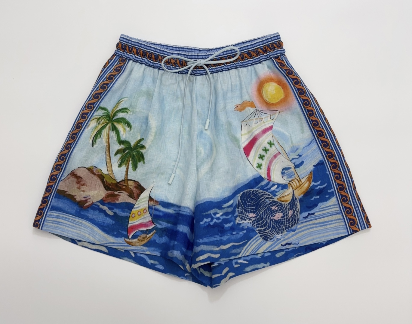 Alémais Blue Ocean Print Resort Beach Elastic Waist Shorts