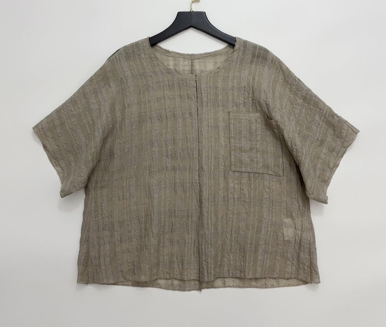 MS Heavy Pleated Textured Plaid Loose Short Sleeve Shirt