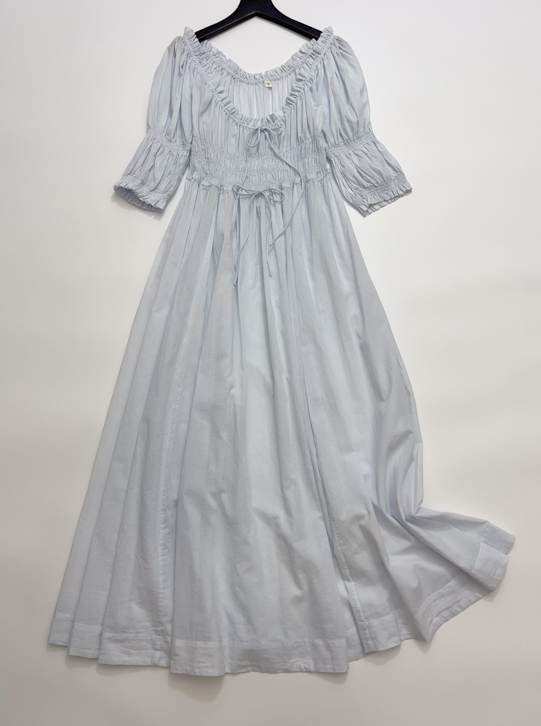 Dôen Cream Blue Puff Sleeve Elastic Waist Dress