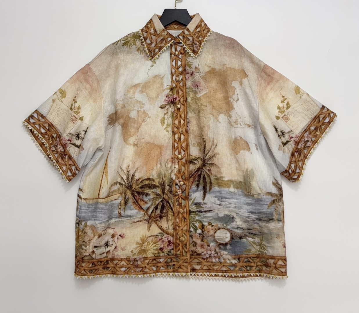 Zimmermann MAHON Linen Island Map Print Loose Short Sleeve Shirt