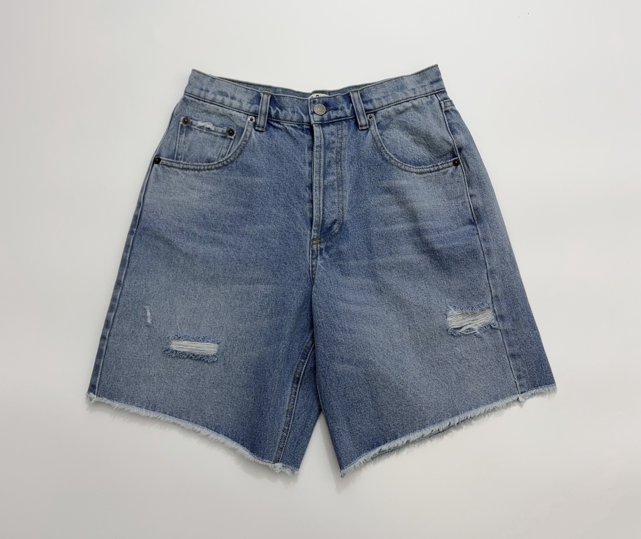 Acne Studios Washed Distressed Ripped Frayed Hem Button Fly Wide-Leg Denim Shorts