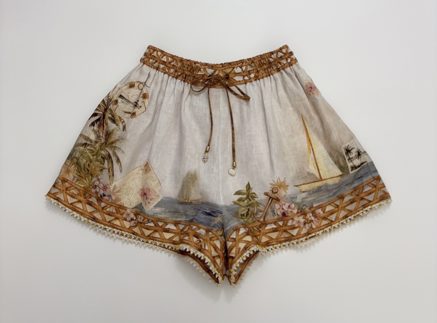 Zimmermann Mahon Linen Island Map Print Pleated Detail Shorts
