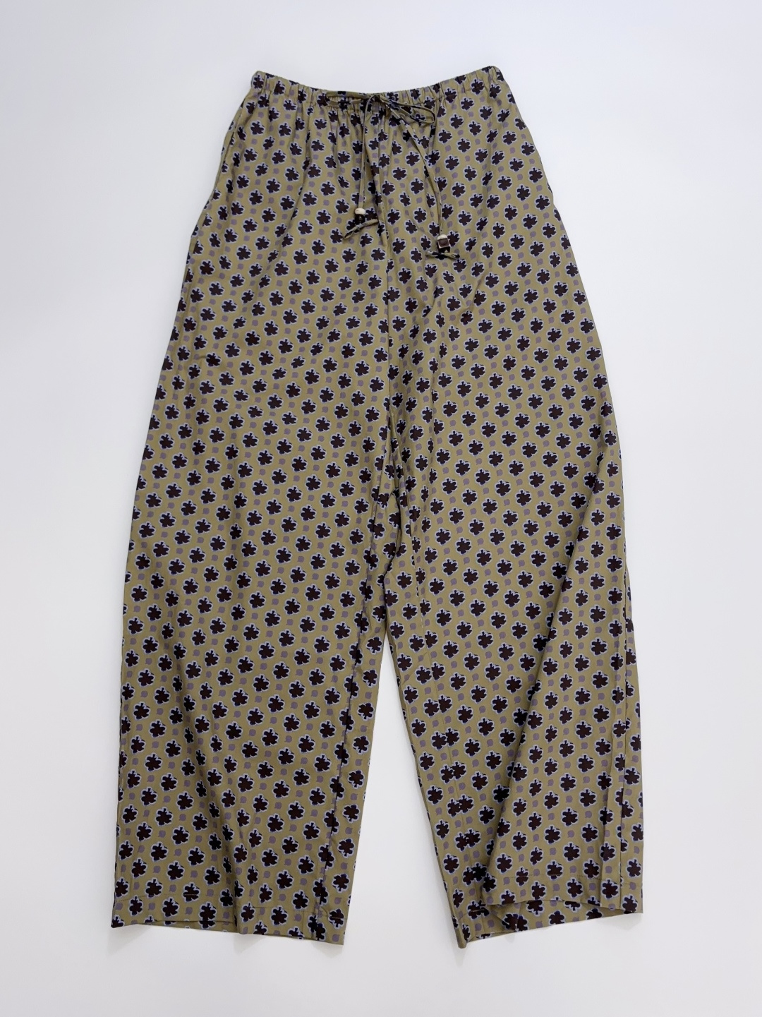 Hand-Painted Little Tree Hazelnut Print Elastic Waist Beaded Drawstring Wide-Leg Relaxed Pants