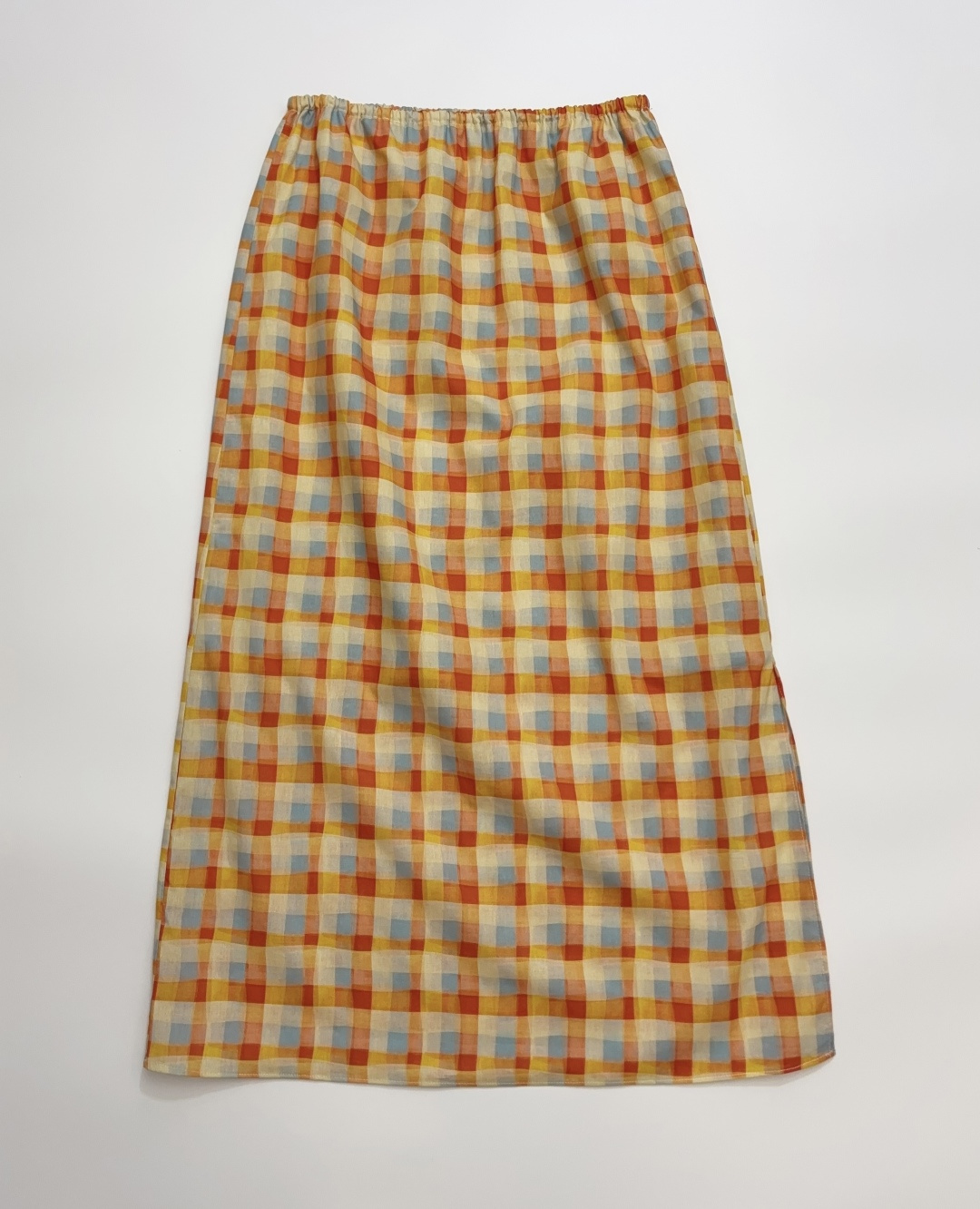 Short Sentence Elastic Waist Plaid Color Block Slit Mid-Length Skirt